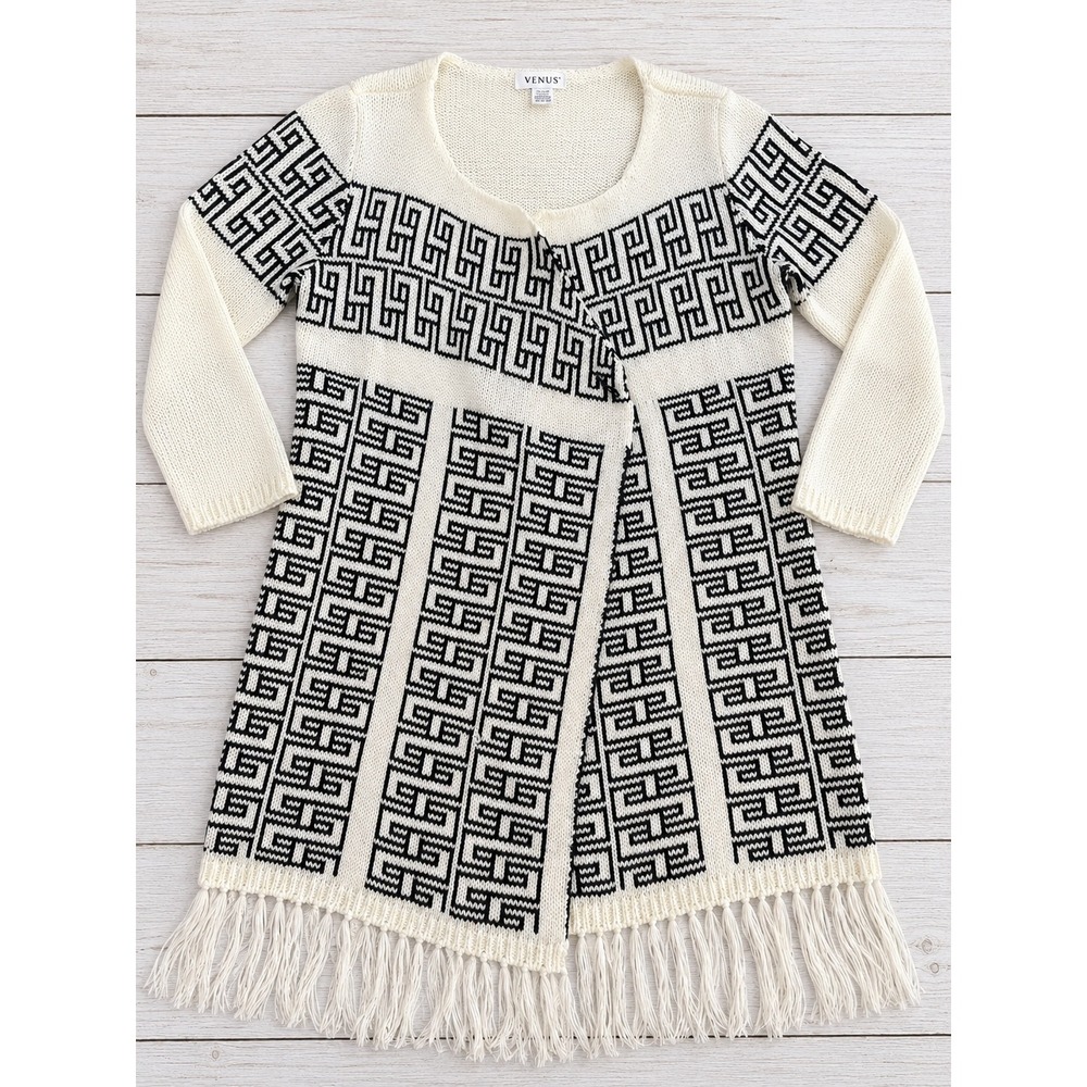 Venus Cardigan Sweater Greek Key Fringe Boho Chic Geometric White Black Size M
